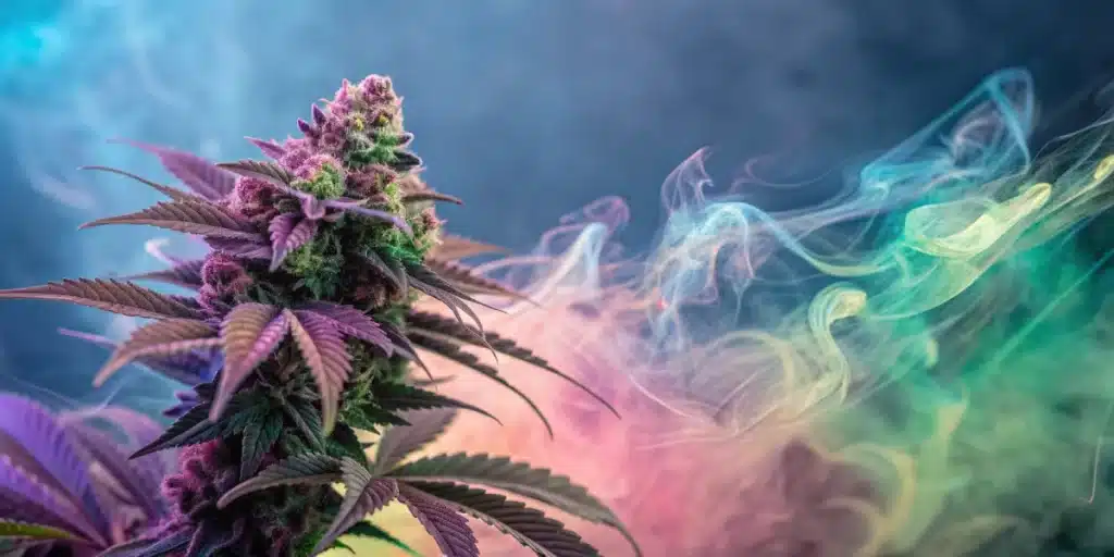 Close-up of a colorful Grizzly Purple Kush Strain bud with deep purple leaves and rainbow-colored smoke swirling in the background.
