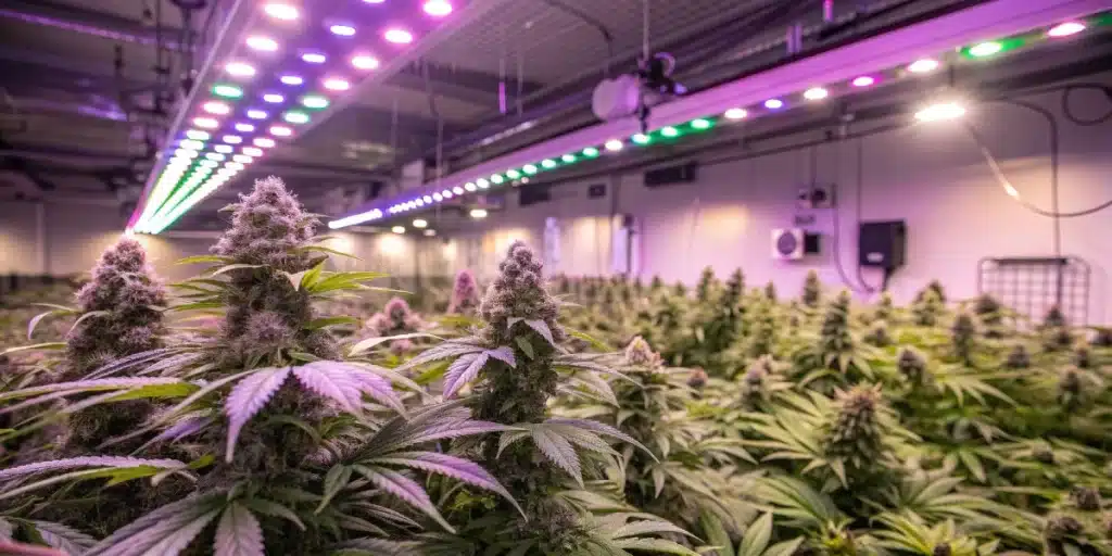 Grizzly Purple Kush Strain plants growing indoors under vibrant LED lights in a commercial cultivation room.
