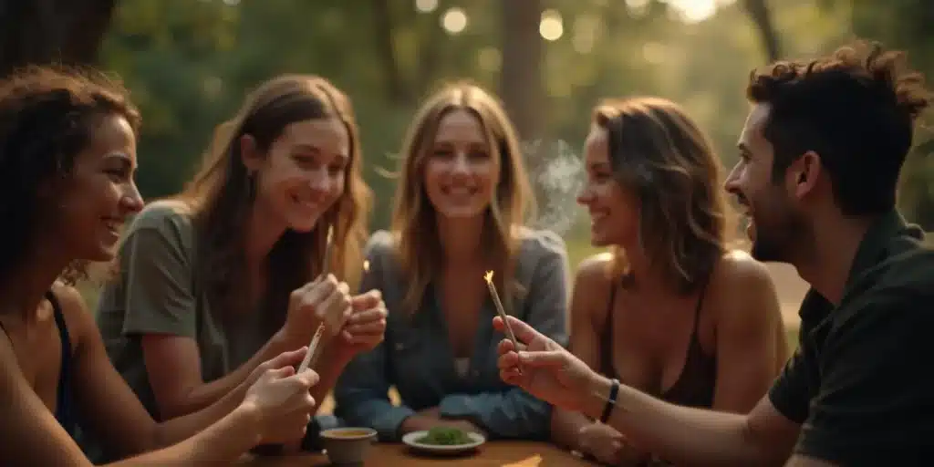 Group of people smoking cannabis together at a table.