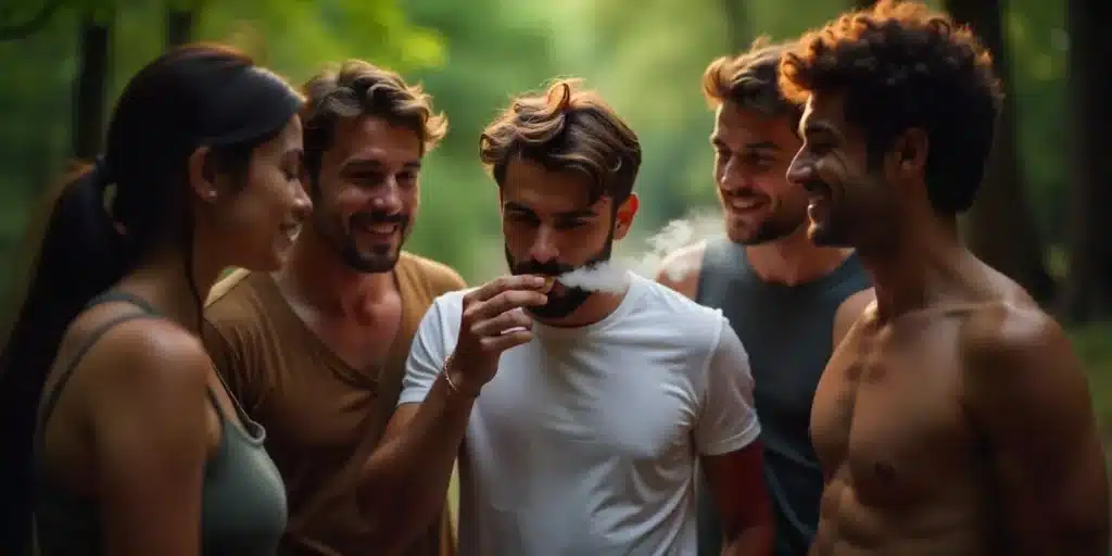 Group of friends outdoors while one person exhales cannabis smoke.