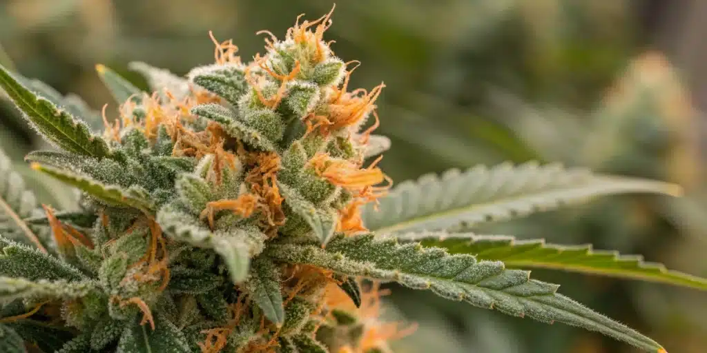 Close-up of Chocolope Regular Strain bud covered in frosty trichomes, with vibrant orange pistils and lush green sugar leaves