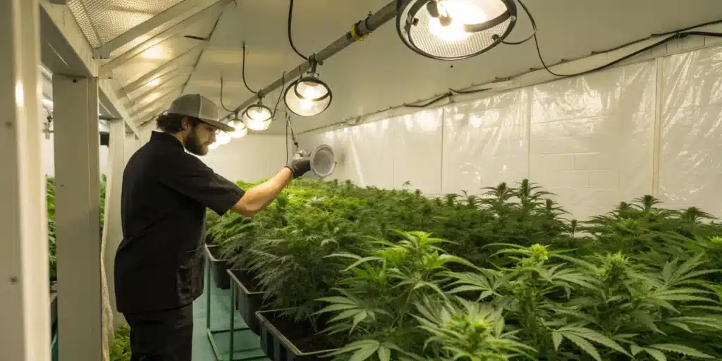Realistic image of a grower examining high-quality reflective grow tent material in an indoor garden, emphasizing superior light distribution.