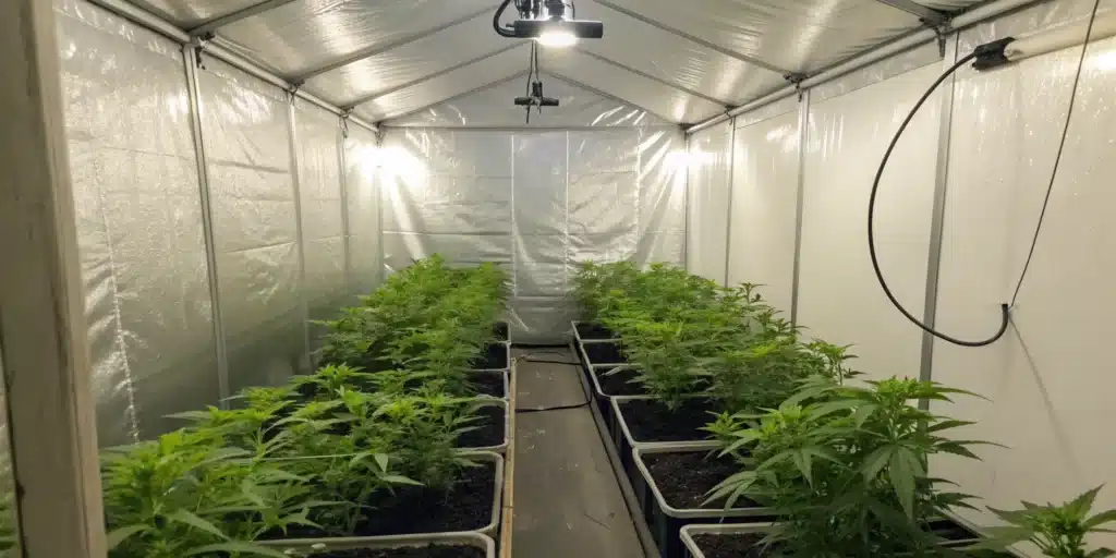 Realistic image of an indoor grow tent featuring reflective material that boosts light efficiency for vibrant, healthy plants.