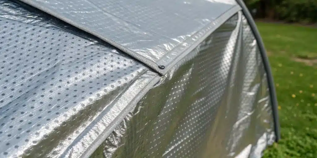 Realistic close-up of reflective grow tent material highlighting its smooth texture and high light reflectivity.
