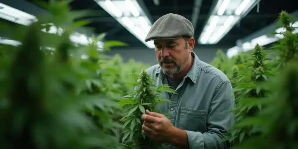 ndoor cannabis grower inspecting plants for wind burn symptoms.