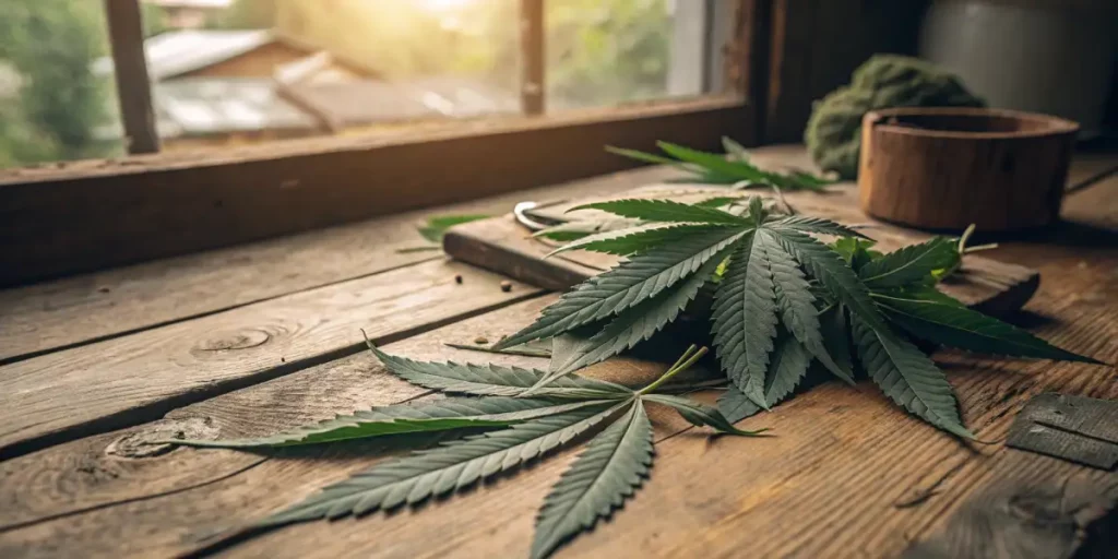 A handful of dried cannabis sativa leaves on a rustic wooden surface.