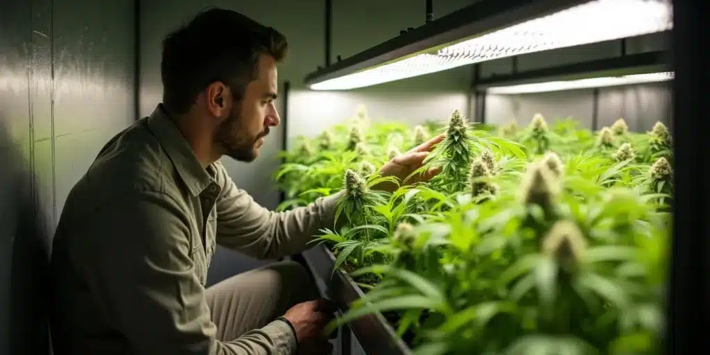 Grower inspecting cannabis plants under LED lights using the SOG method.