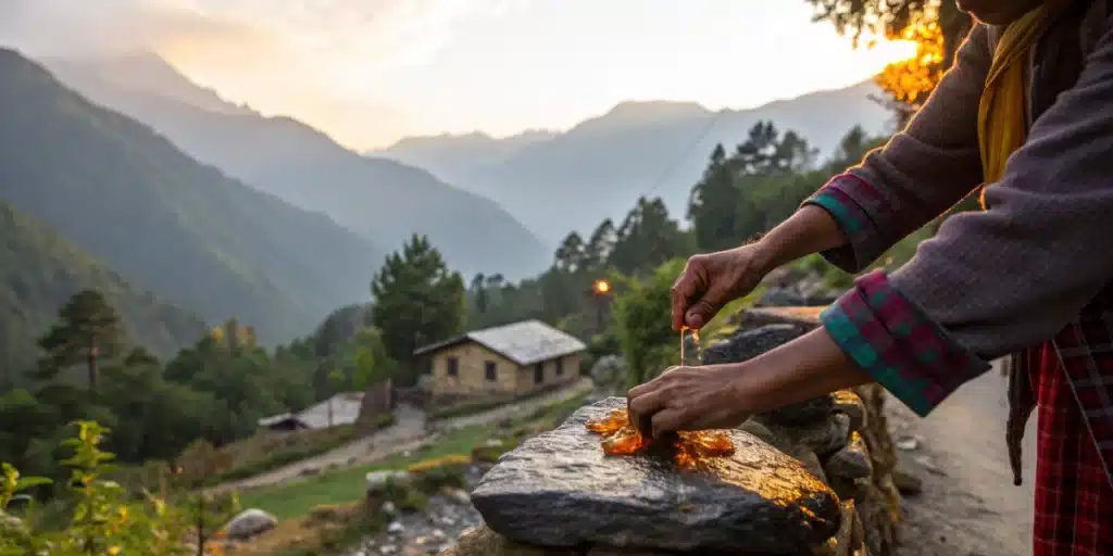 hashish vs charas: artisan hand rubbing fresh cannabis buds to collect charas in Himalayan setting