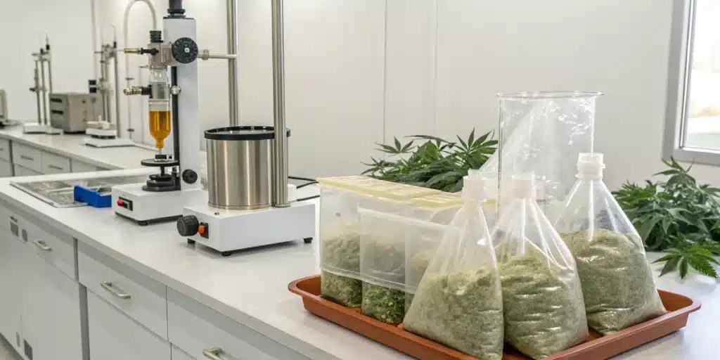 hashish vs charas: mechanical extraction process with bubble bags and rosin press in a lab