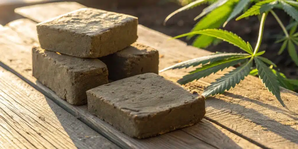 hashish vs charas: close up view of Moroccan hashish blocks on wood with cannabis leaves