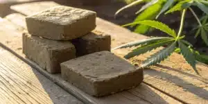hashish vs charas: close up view of Moroccan hashish blocks on wood with cannabis leaves