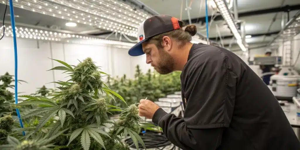 Grower inspecting Hindu Kush cannabis plant under bright LED lights in a modern indoor cultivation lab.