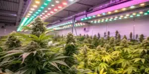 Hindu Kush Weed Strain flowering indoors under bright multicolor LED grow lights in a dense commercial cultivation room.
