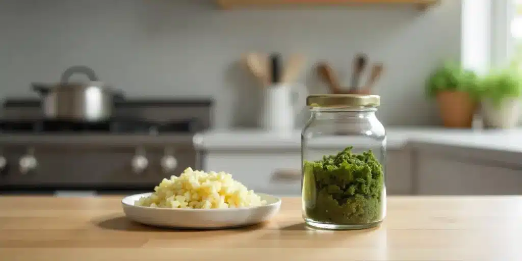 Jar of green cannabis concentrate next to chopped plant material in a kitchen setting