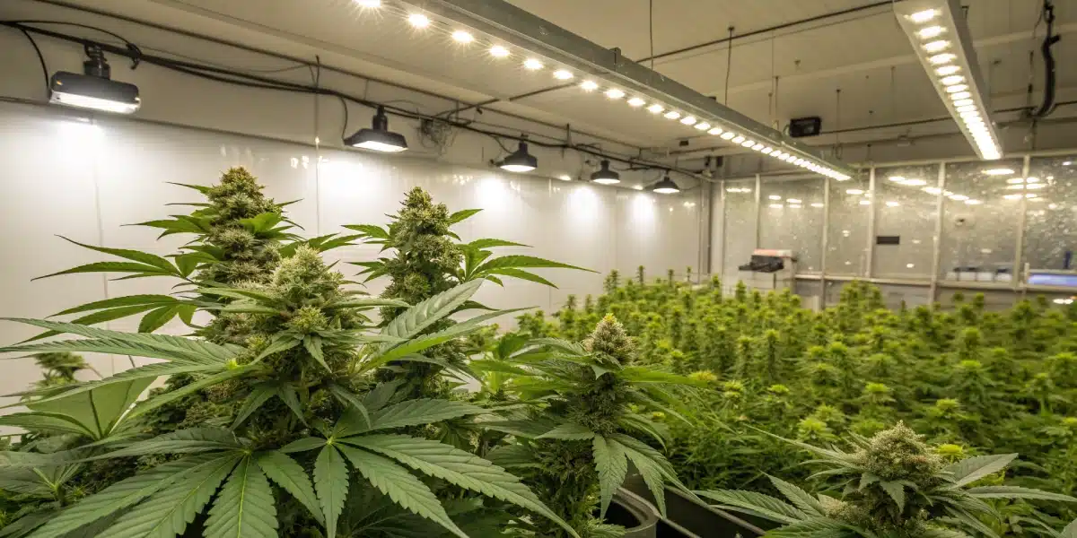 Indoor cultivation of Chocolope cannabis strain with uniform plants under LED grow lights.