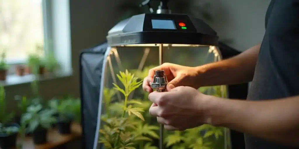 Person adjusting CO2 emitter or grow light above cannabis plants in tent.