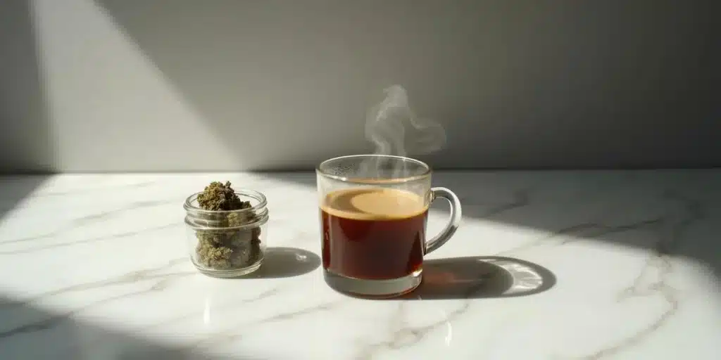 Fresh cannabis buds in a jar beside a steaming mug of coffee on a marble countertop.