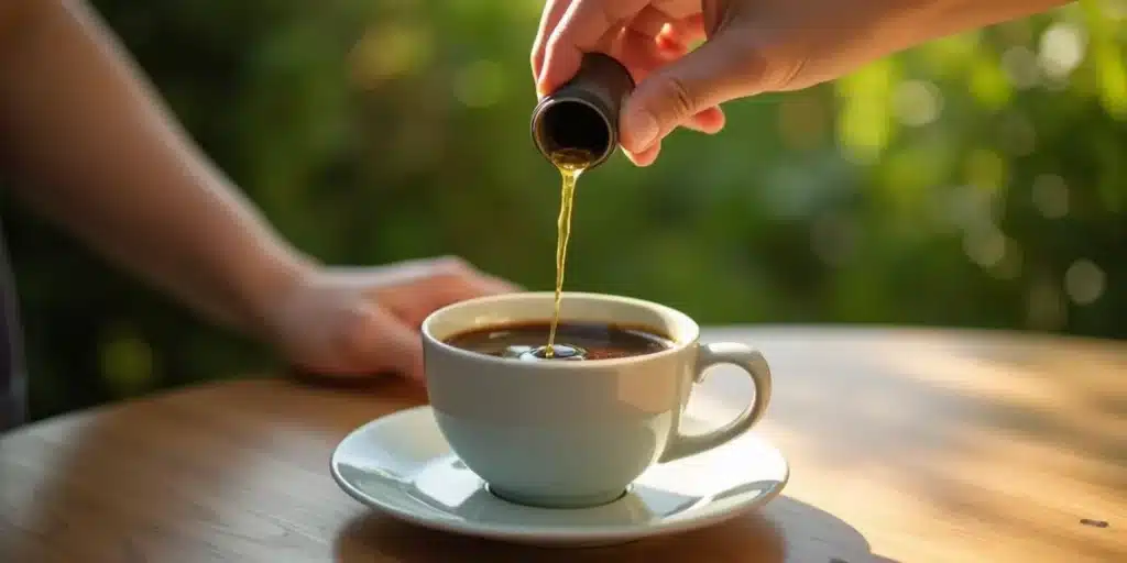 Hand pouring cannabis oil into a steaming cup of black coffee outdoors.