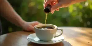Hand pouring cannabis oil into a steaming cup of black coffee outdoors.