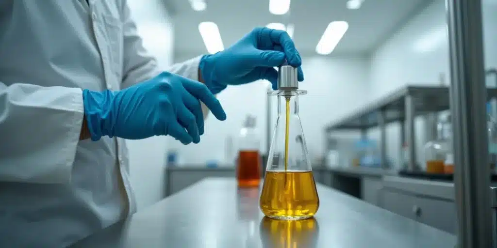 Lab technician handling a cannabis extract in a scientific beaker with gloves.