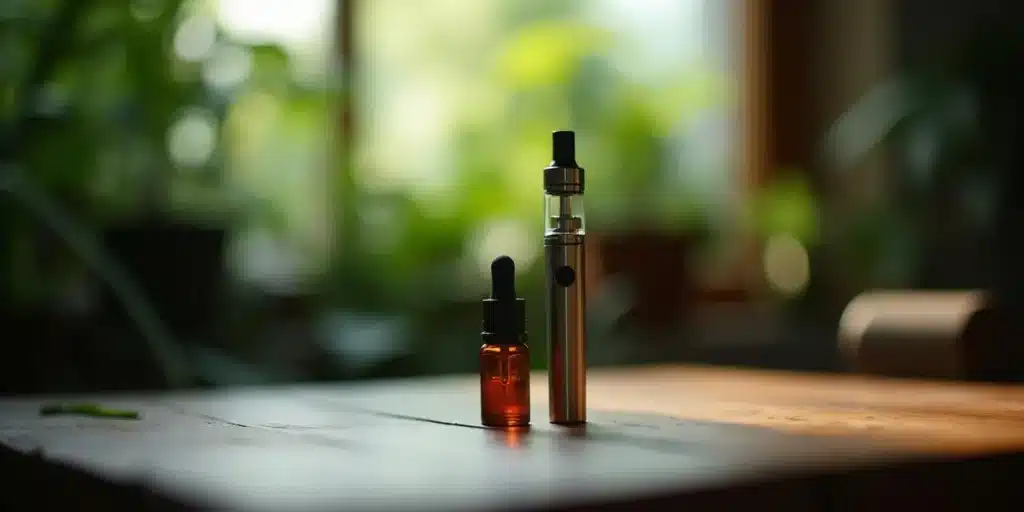 Cannabis e-liquid in a dropper bottle next to a vape pen on a wooden table.