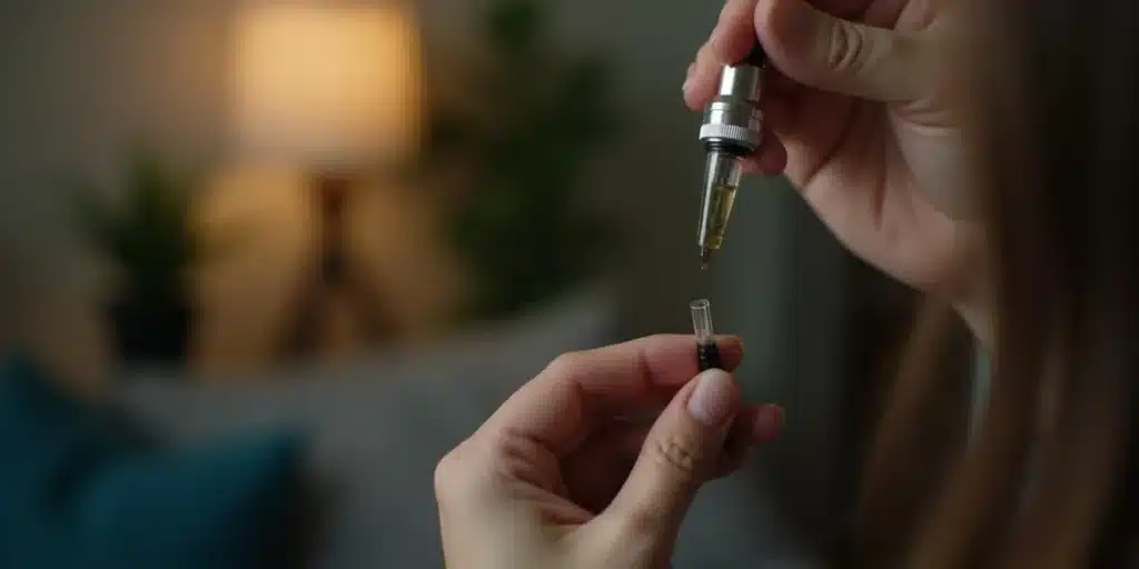 Hands filling a vape cartridge with cannabis e-juice using a dropper at home.