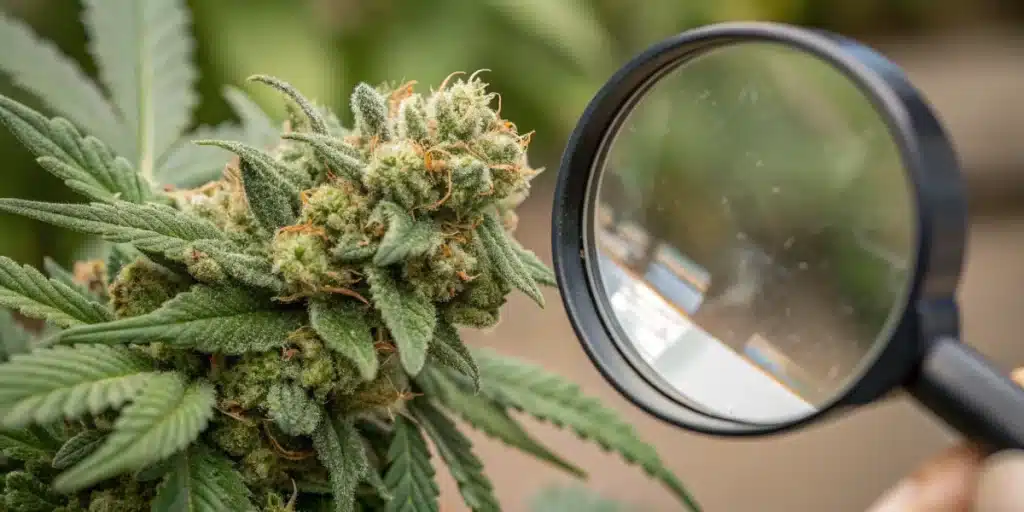 Close-up of Humboldt Weed Strain bud inspected through magnifying glass for pests or disease signs during cultivation.