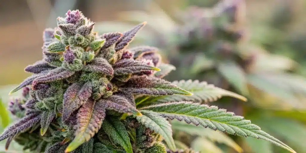 Humboldt Weed Strain plant with dense purple buds and frosty trichomes growing outdoors under natural sunlight.