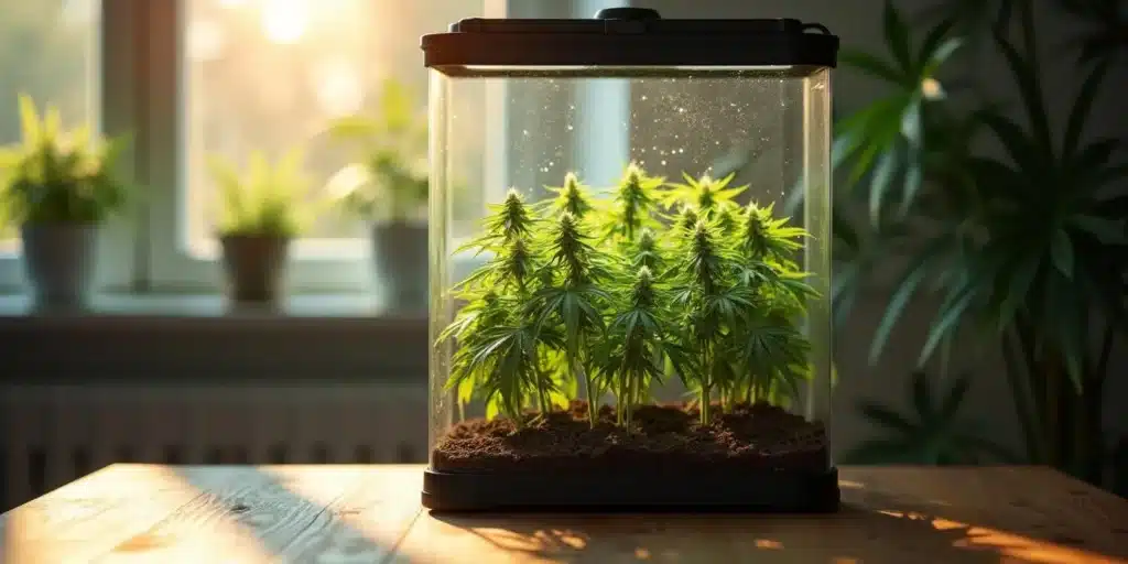 Miniature cannabis plants growing in a sealed terrarium with indoor light.