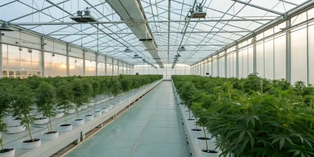 Realistic outdoor greenhouse view showcasing a large cannabis hydroponic set up with advanced lighting, reservoirs, and robust cannabis growth.