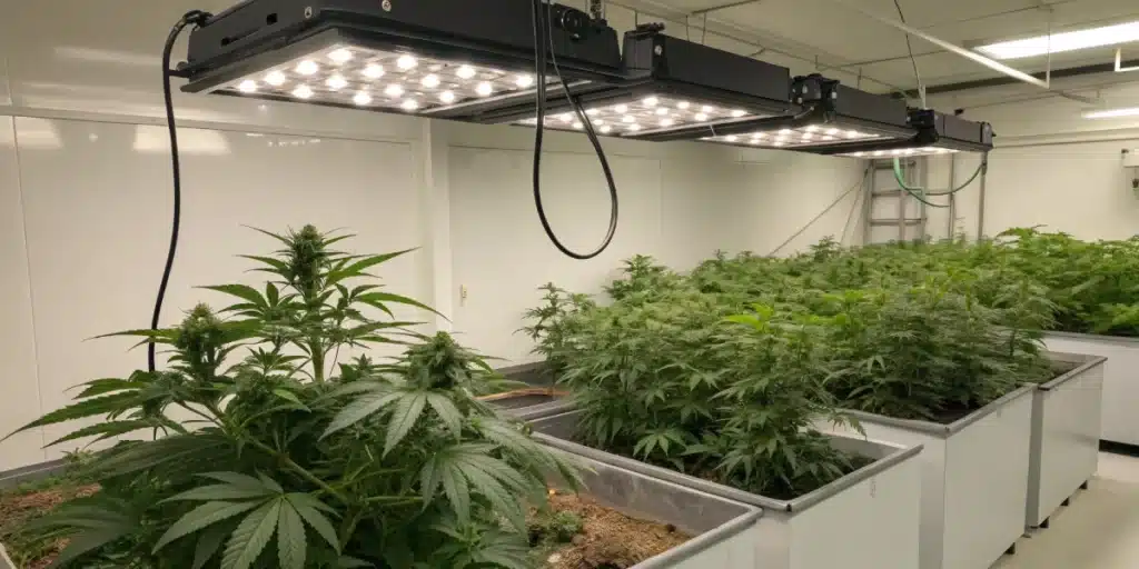Realistic view of a modern cannabis hydroponic set up in an indoor grow room with LED lighting, nutrient tanks, and healthy cannabis plants.