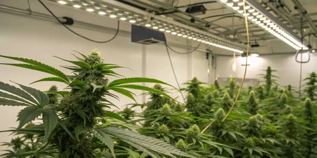 Hydroponic cannabis plants growing dense buds under LED lights in an indoor facility