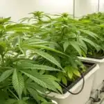 Realistic view of cannabis plants in a hydroponic setup using the best hydro nutrients for weed to enhance growth.
