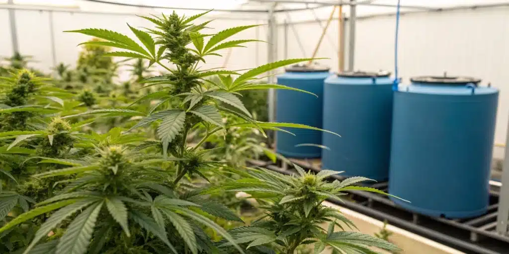 Cannabis plants in a hydroponic system with blue nutrient tanks in the background