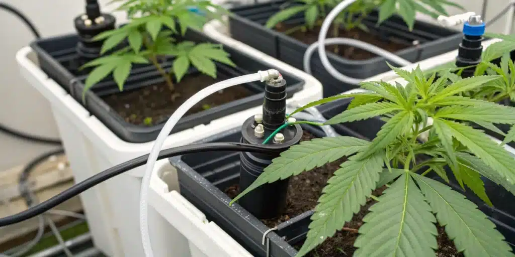 Realistic image showing hydroponic equipment like pumps and tubing in a cannabis hydroponic set up, with thriving plants in the foreground.