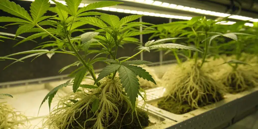 Realistic close-up of thriving hydroponic weed strains with visible, robust roots and vibrant foliage under LED lights.