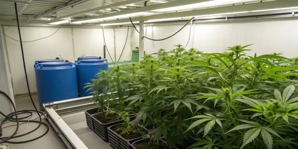 Realistic indoor hydroponic setup showcasing healthy weed strains and modern nutrient systems in a high-tech grow room.