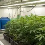 Realistic indoor hydroponic setup showcasing healthy weed strains and modern nutrient systems in a high-tech grow room.