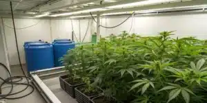 Realistic indoor hydroponic setup showcasing healthy weed strains and modern nutrient systems in a high-tech grow room.