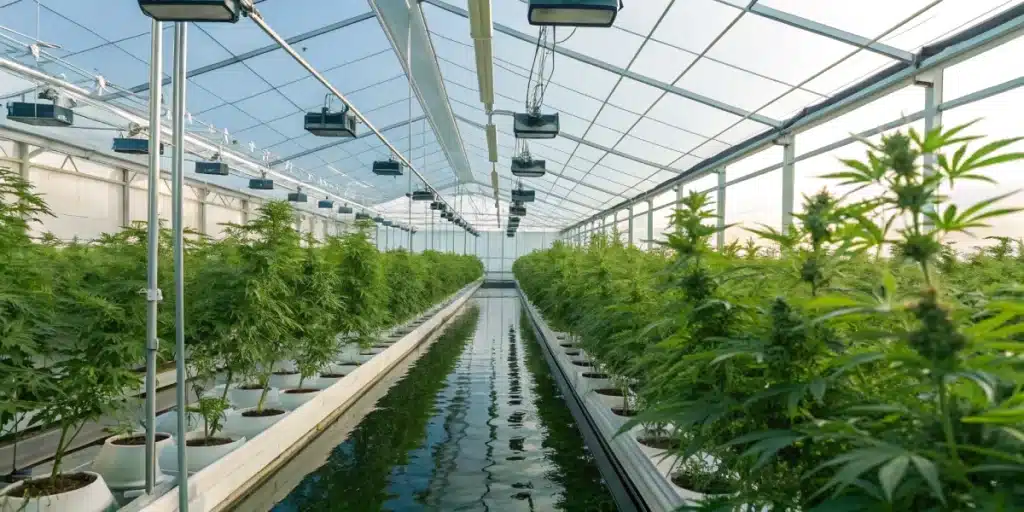Realistic greenhouse scene of a hydroponic system for cannabis, highlighting modern technology and healthy growth of weed strains.