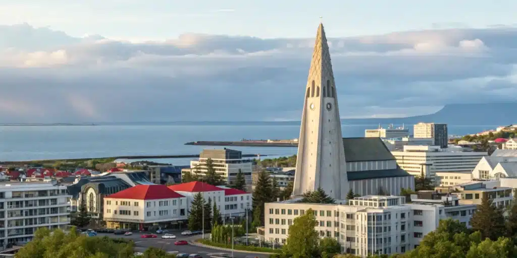 Realistic view of Reykjavík with signs of legal cannabis sales, representing cannabis legal status in Iceland.