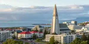Realistic view of Reykjavík with signs of legal cannabis sales, representing cannabis legal status in Iceland.