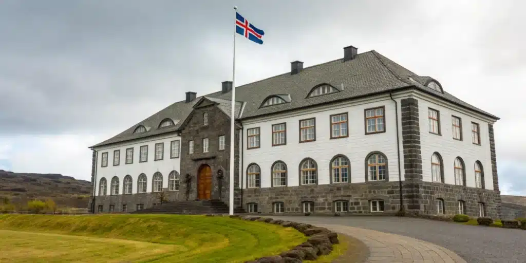 Realistic image of an Icelandic government building, illustrating official oversight of cannabis legality in Iceland.