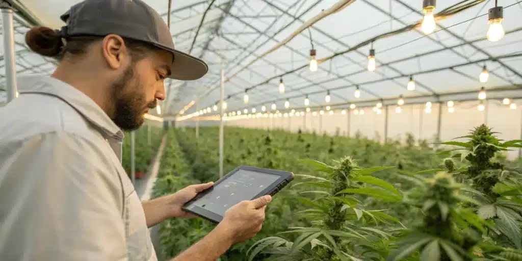 Grower using sensor and dashboard to monitor ideal temperature for cannabis growth.