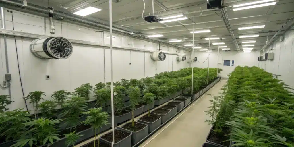 Indoor cannabis grow room with thermostat and fans at ideal temperature for cannabis.