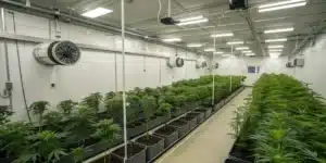 Indoor cannabis grow room with thermostat and fans at ideal temperature for cannabis.