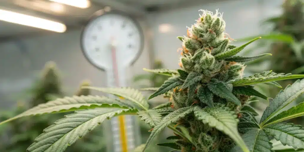 Close-up resin bud under LED light with thermometer showing ideal temperature for cannabis.