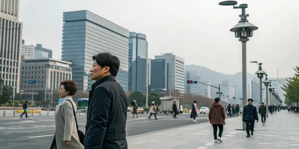 Realistic urban scene in Seoul displaying public notices and security measures, highlighting that weed is illegal in South Korea.
