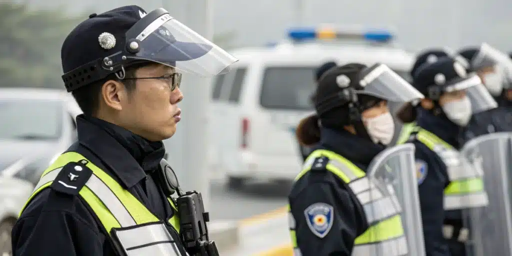 Realistic image showing South Korean police enforcing drug laws, underscoring that weed is illegal in the country.