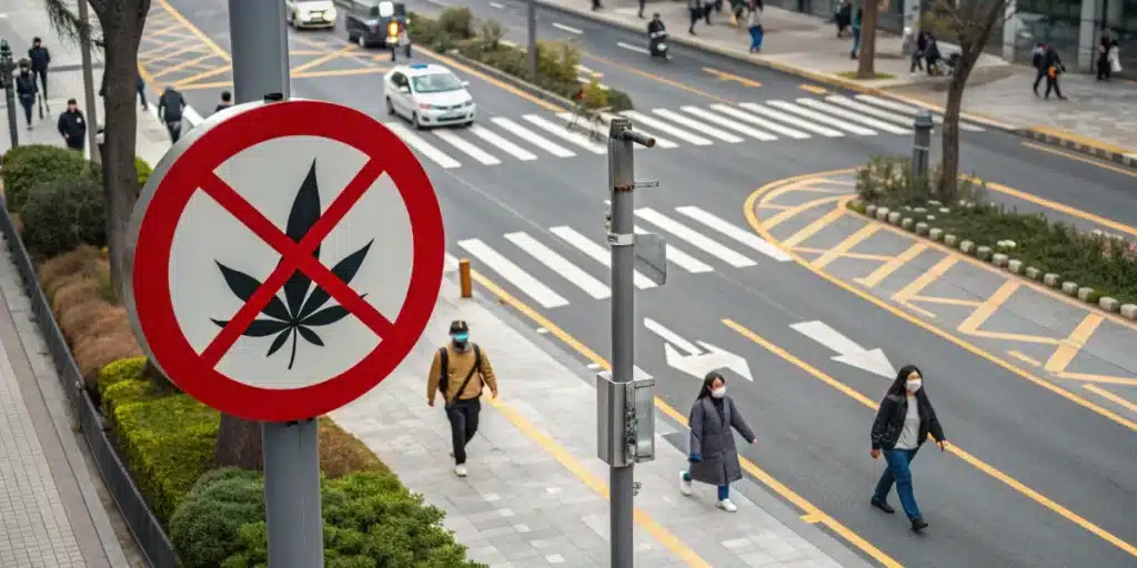 Realistic view of a South Korean street featuring official signs that indicate weed is illegal, emphasizing strict drug policies.